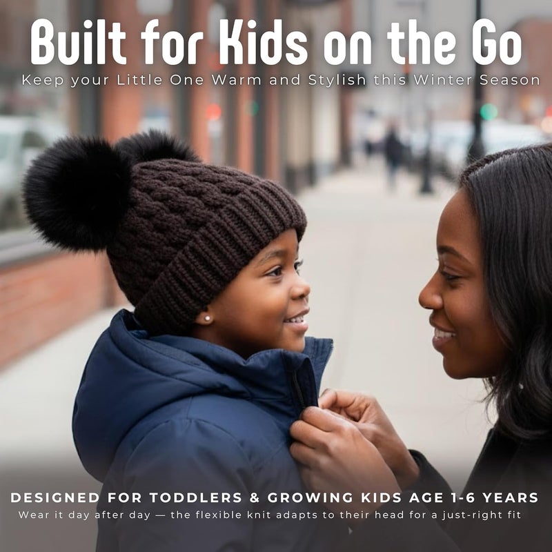 Funky Junque Toddler Double Pom Pom Beanie – Warm Knit Winter Hat for Girls Ages 1–6, Soft Kids Poms Beanies for Cold Weather - Image 3